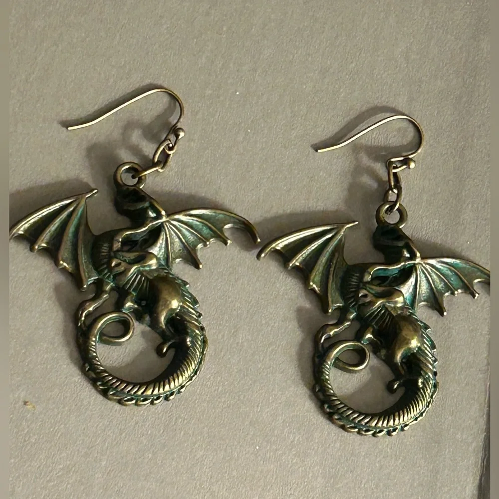 Earrings Gothic flying Dragons in Brass w Green Verdigris finish pierced, drop